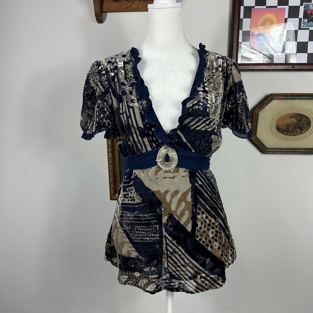 Y2K Ten Sixty Sherman Navy & Tan Short Sleeve Blouse Velour & Beading Silk Blend